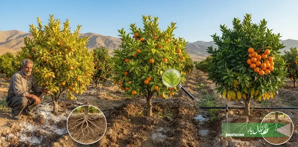 چرا برگ نهال (درخت) نارنج زرد می‌شود؟ شوری آب، ریشه و تغذیه را از هم تفکیک کنید
