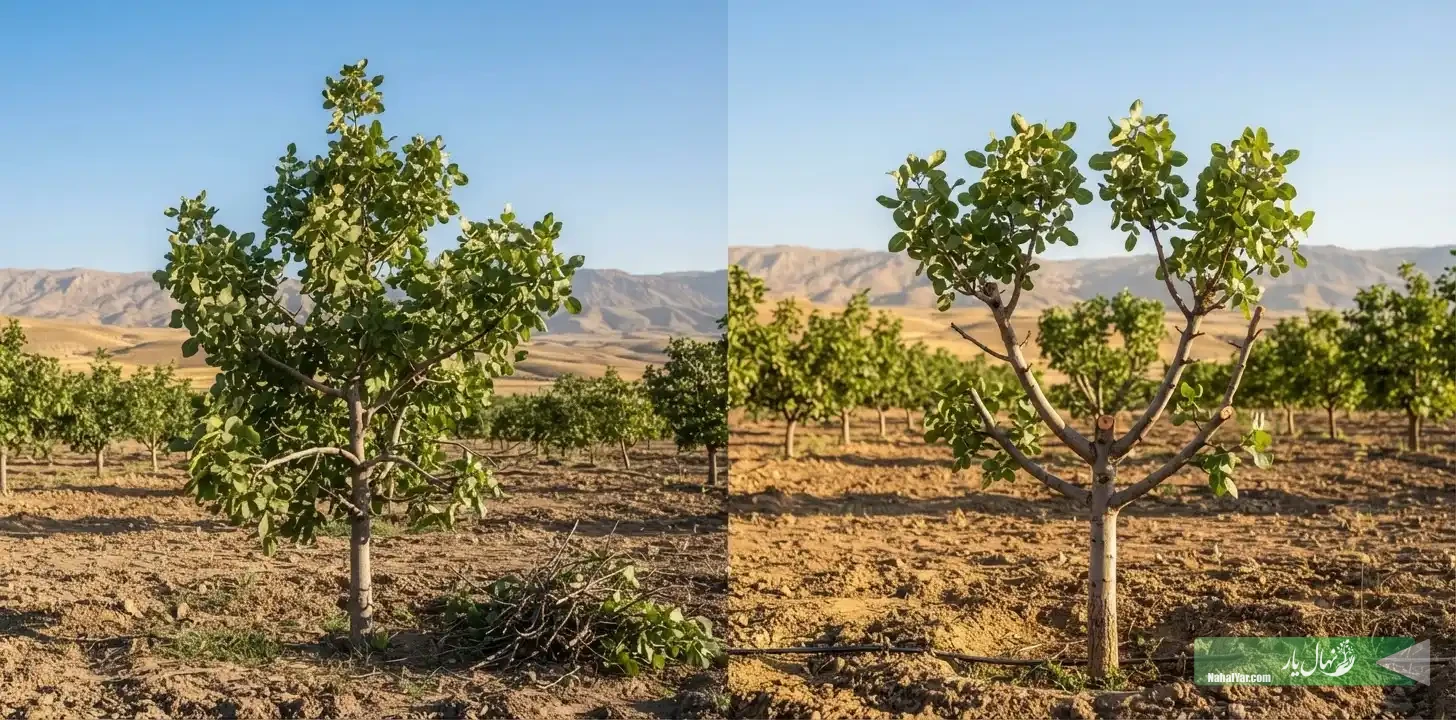 هرس نهال پسته جوان، آموزش فرم‌دهی تاج متعادل