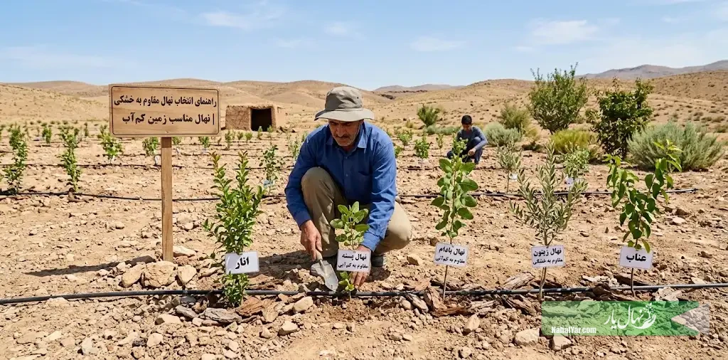نهال‌یار | نهال مناسب زمین کم‌آب | راهنمای انتخاب نهال مقاوم به خشکی