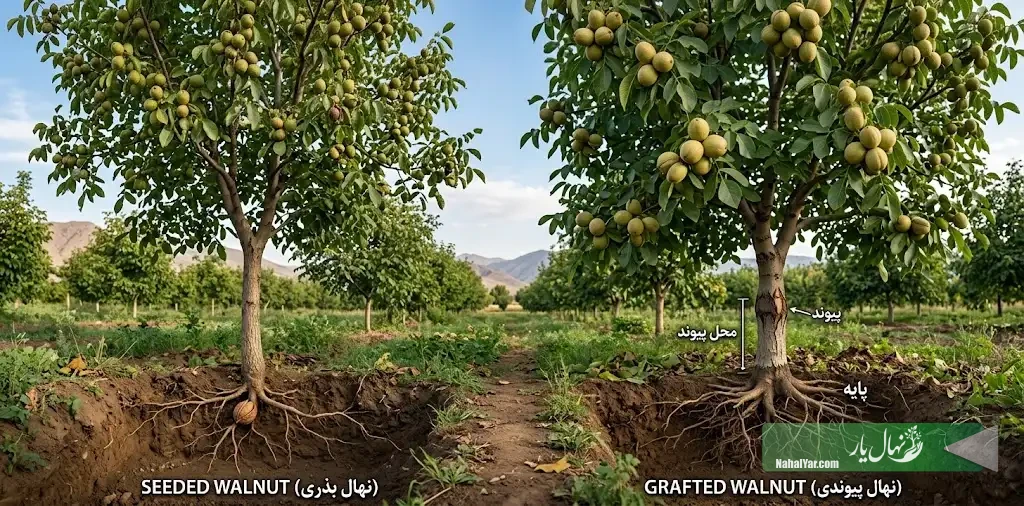 نهال‌یار | نهال پیوندی دقیقاً چه تفاوتی با نهال بذری دارد؟ از پایه تا میوه